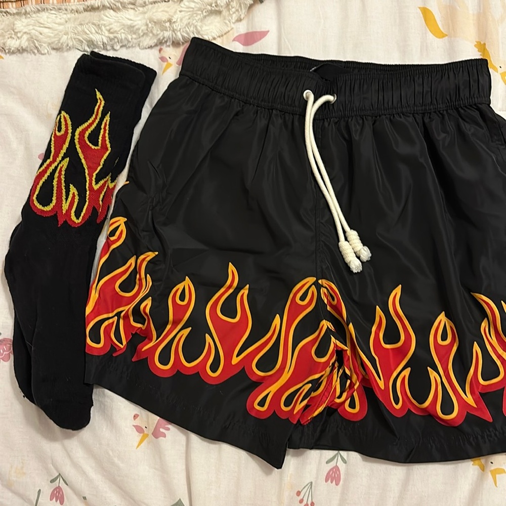 Palm Angels Flame Print Swim Shirts Size Small with matching socks